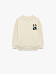 Hayvan Detaylı Arkası Baskılı Şardonlu Bisiklet Yaka Uzun Kollu Sweatshirt