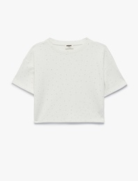 Taş Detaylı Viskon Karışımlı Bisiklet Yaka Kısa Kollu Crop Bluz