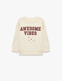 Bisiklet Yaka Uzun Kollu Kalp Baskılı Sweatshirt
