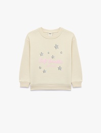 Yıldız Baskılı Bisiklet Yaka Uzun Kollu Şardonlu Sweatshirt
