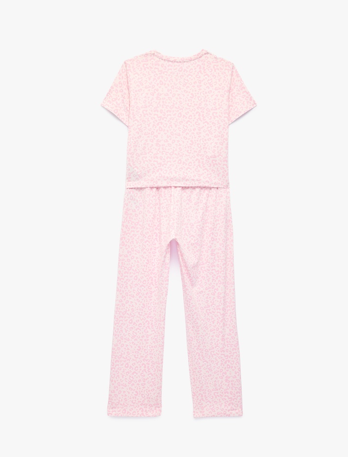  Rahat Kesim Leopar Desenli Bisiklet Yaka Kısa Kollu Pijama Takımı