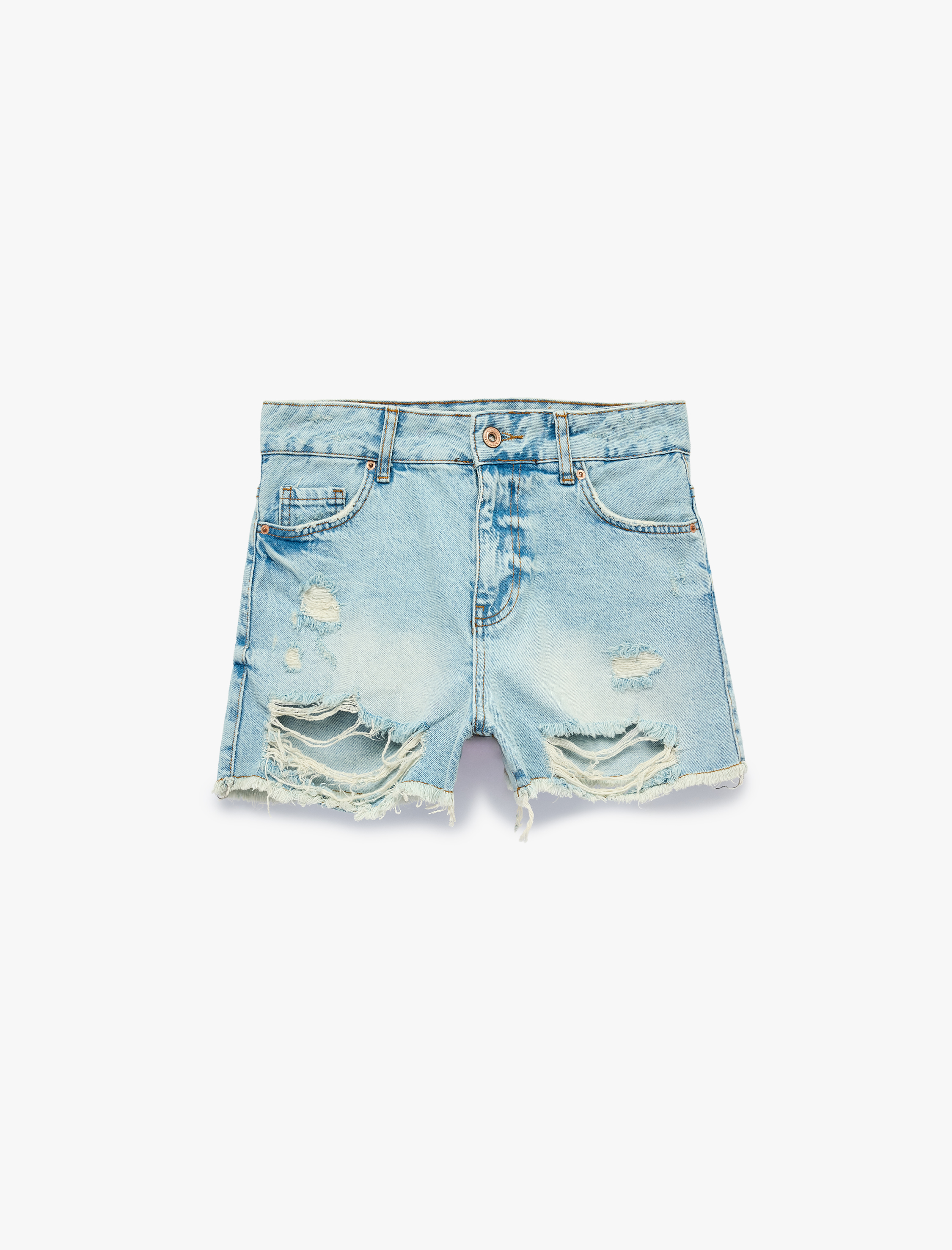 Koton Yıpratma Detaylı Pamuklu Rahat Kalıp Mini Denim Şort