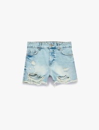 Yıpratma Detaylı Pamuklu Rahat Kalıp Mini Denim Şort