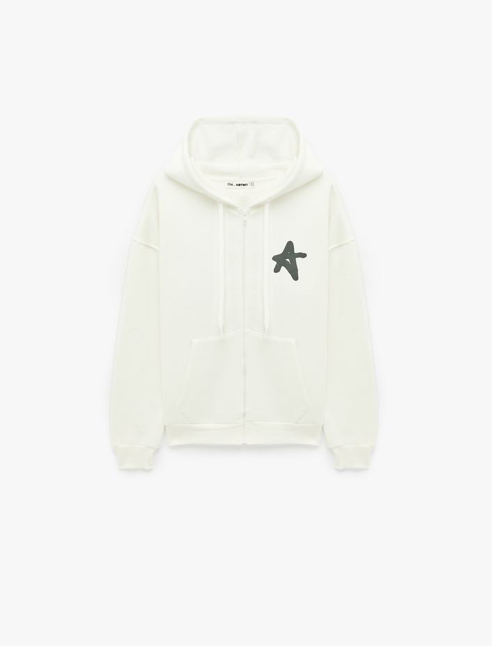  Şardonlu Rahat Kalıp Kanguru Cepli Kapüşonlu Fermuarlı Arkası Baskılı Sweatshirt
