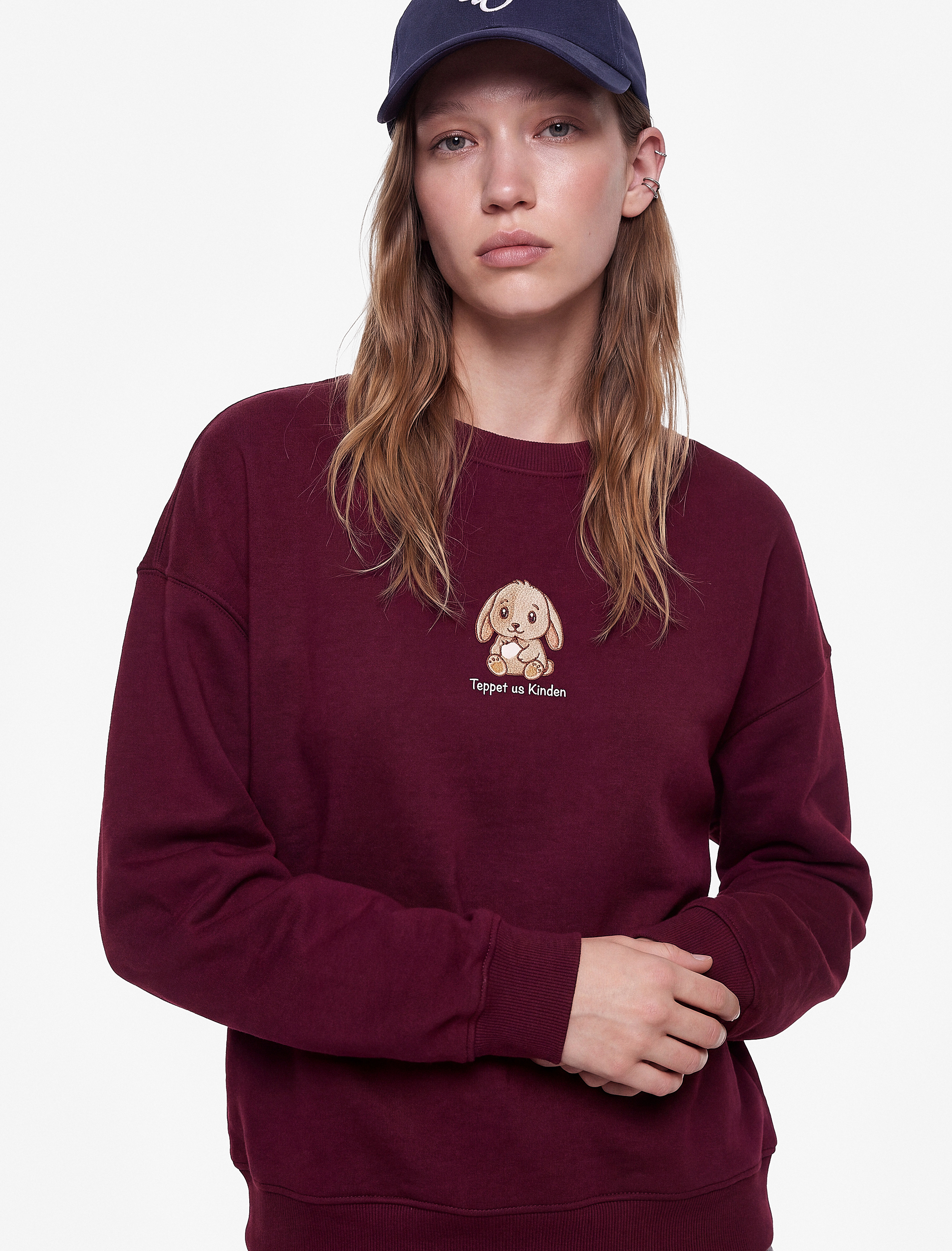   Şardonlu Tavşan Nakışlı Bisiklet Yaka Uzun Kollu Oversize Sweatshirt