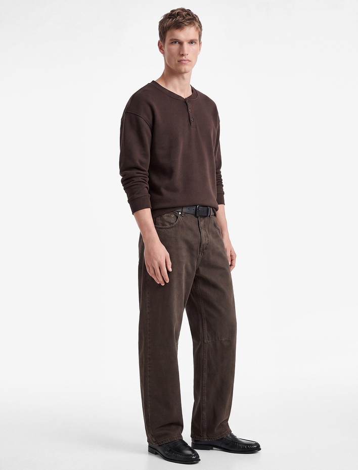  Uzun Kollu Üç İplik Şardonlu Düğme Detaylı Henley Yaka Sweatshirt