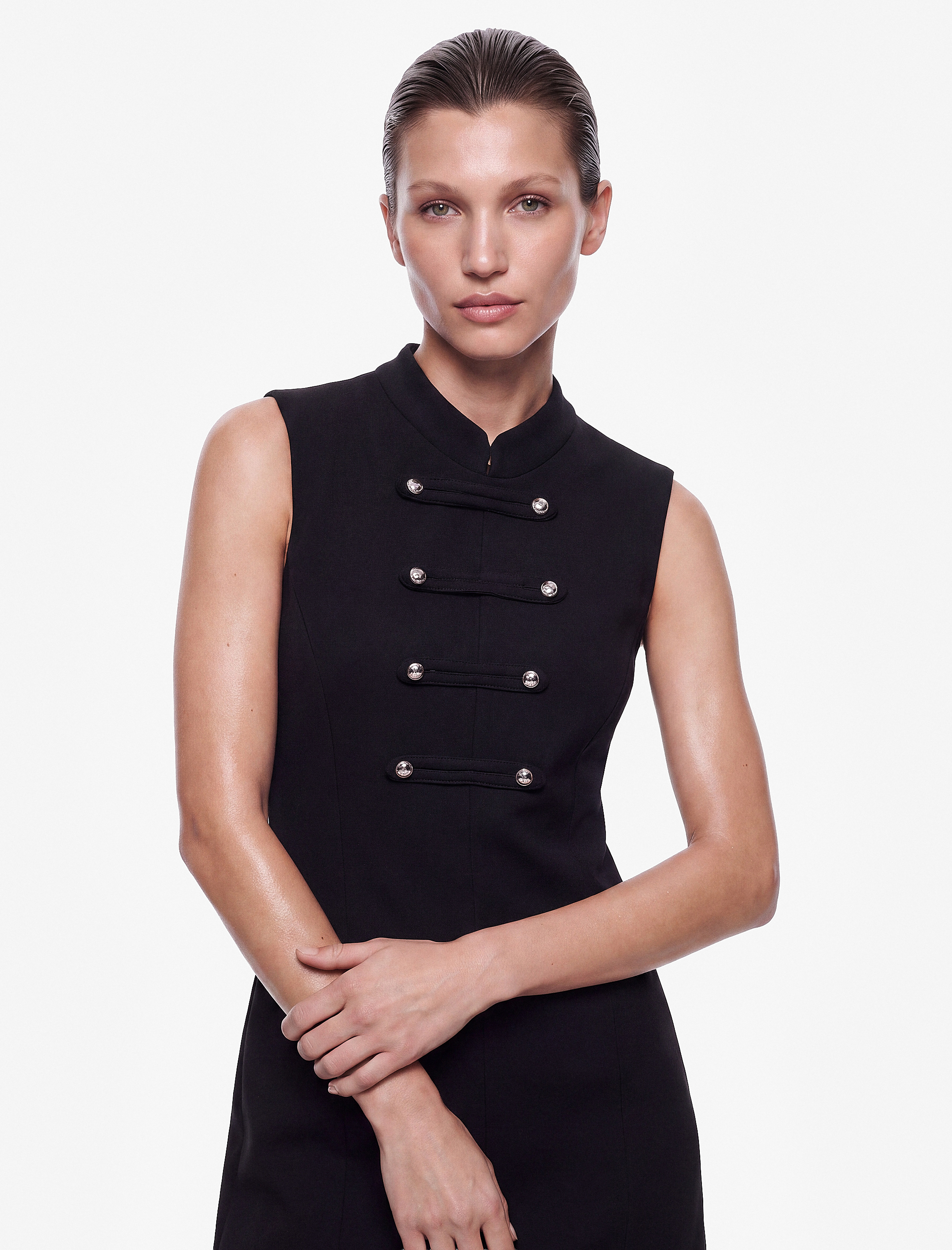 Koton Slim Fit Viskon Kolsuz Dik Yaka Metal Düğme Detaylı Mini Elbise görsel 3
