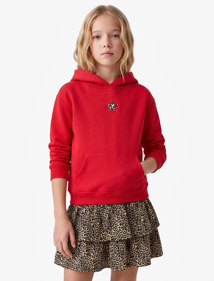Kız Çocuk Yıldız Baskılı Uzun Kollu Şardonlu Kanguru Cepli Kapşonlu Sweatshirt