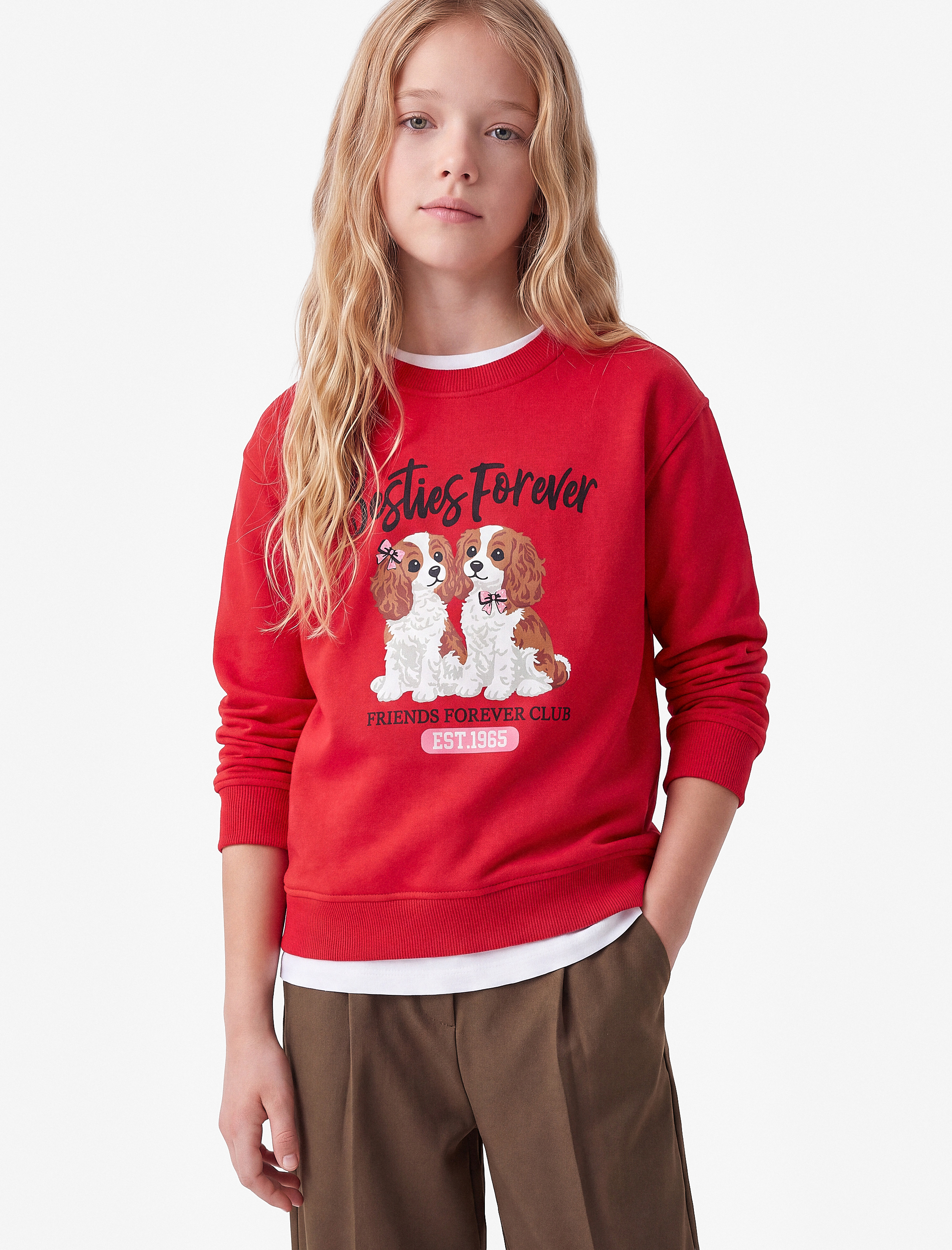  Kız Çocuk Köpek Baskılı Uzun Kollu Bisiklet Yaka Üç İplik Şardonlu Sweatshirt