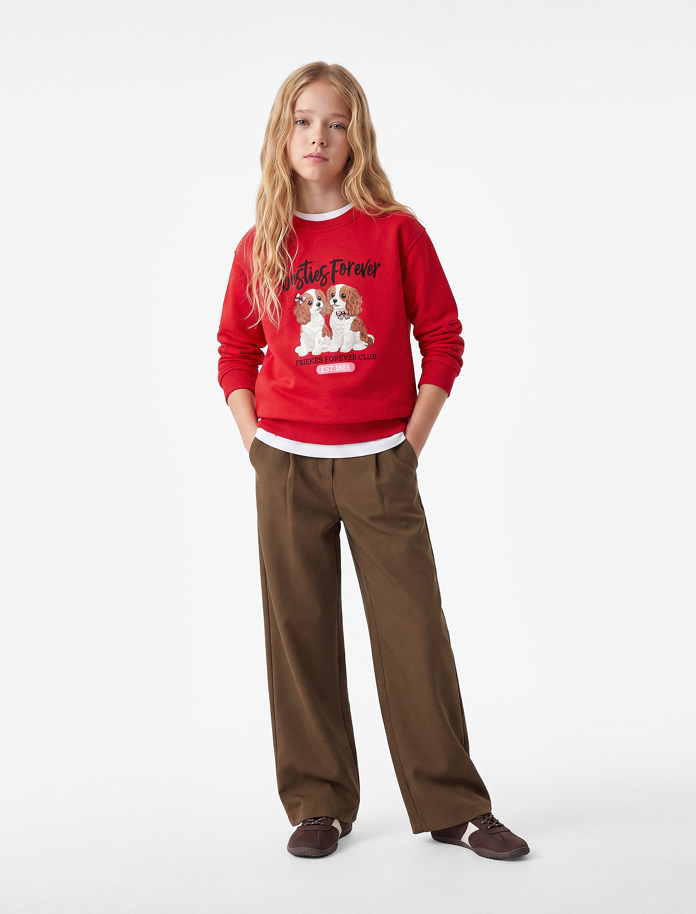  Kız Çocuk Köpek Baskılı Uzun Kollu Bisiklet Yaka Üç İplik Şardonlu Sweatshirt
