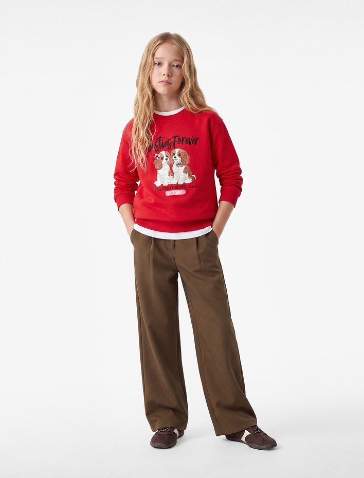 Kız Çocuk Köpek Baskılı Uzun Kollu Bisiklet Yaka Üç İplik Şardonlu Sweatshirt
