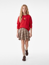 Ayıcık Baskılı Şardonlu Bisiklet Yaka Uzun Kollu Sweatshirt