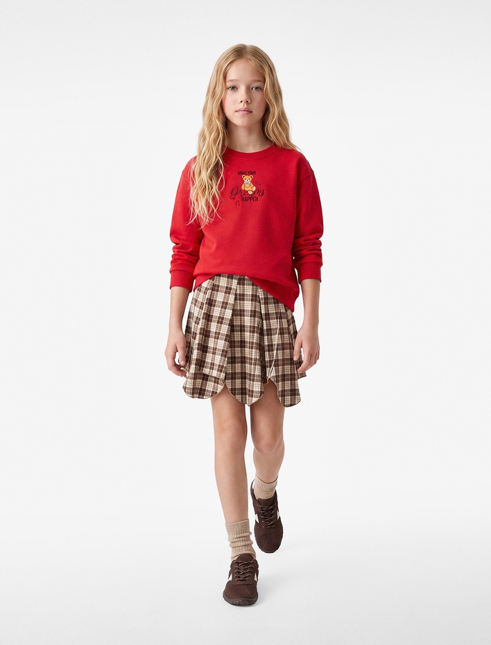 Kız Çocuk Ayıcık Baskılı Şardonlu Bisiklet Yaka Uzun Kollu Sweatshirt