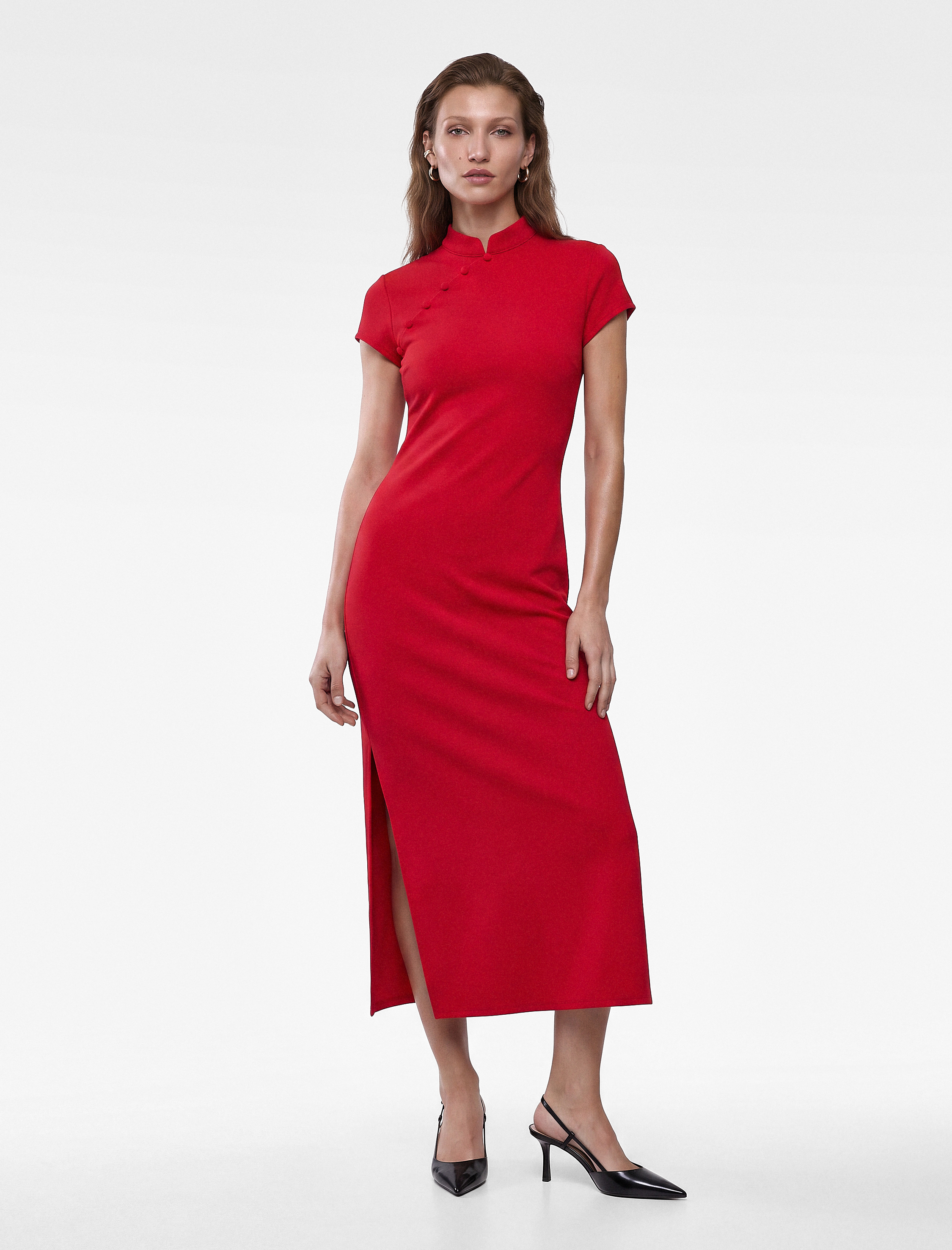   Krep Kumaş Mandarin Qipao Yaka Kısa Kollu Düğmeli Bodycon Midi Elbise