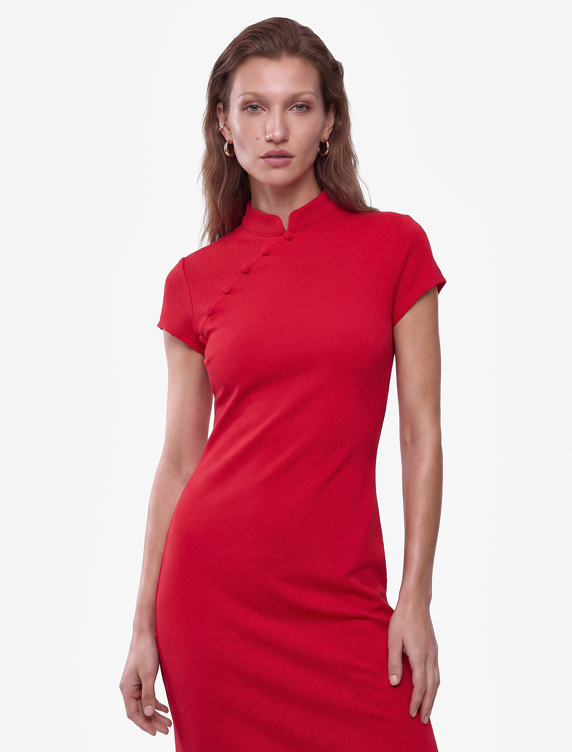   Krep Kumaş Mandarin Qipao Yaka Kısa Kollu Düğmeli Bodycon Midi Elbise
