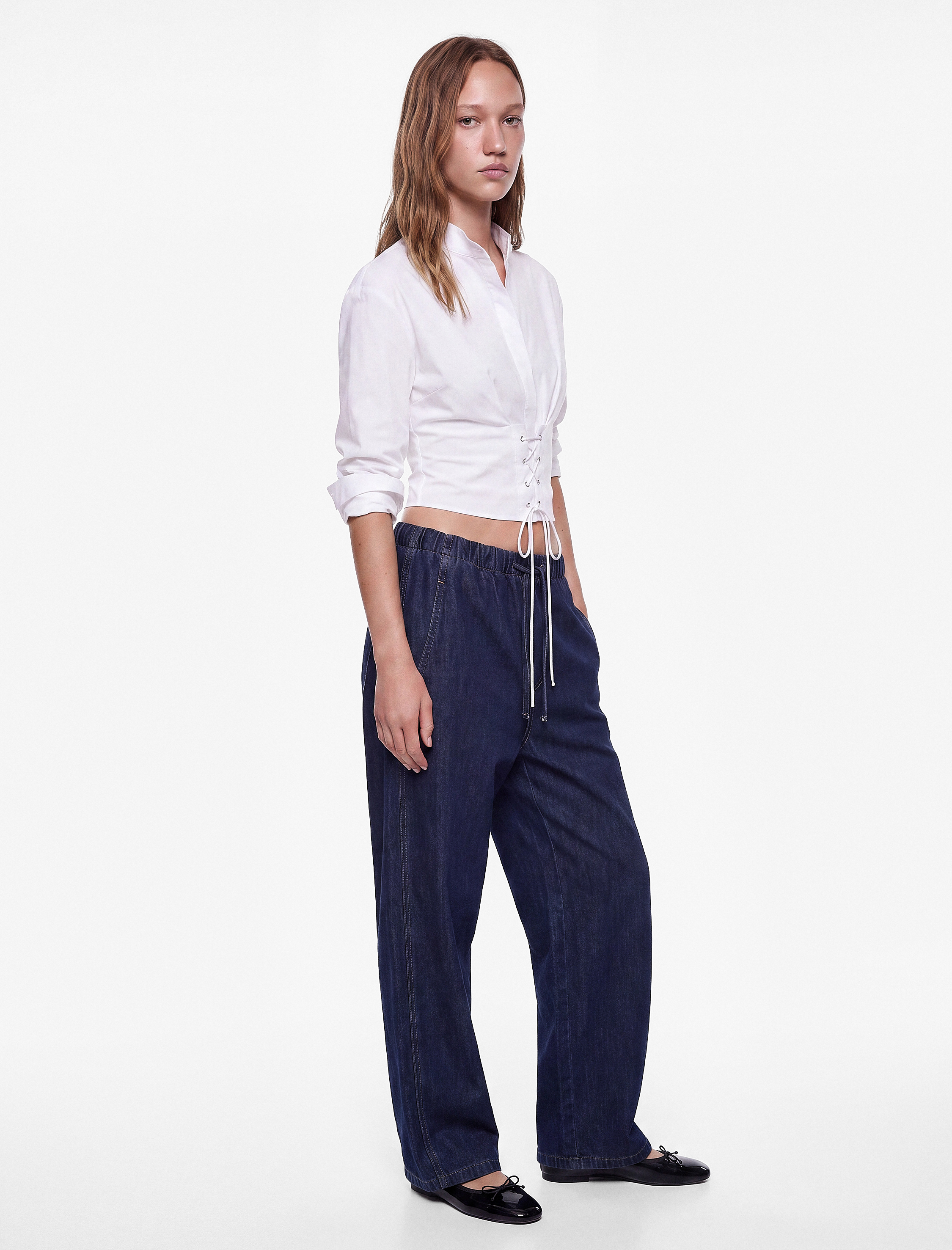 Koton Beli Bağcıklı Cepli Rahat Kalıp Pamuklu Balon Fit Barrel Denim Pantolon görsel 2