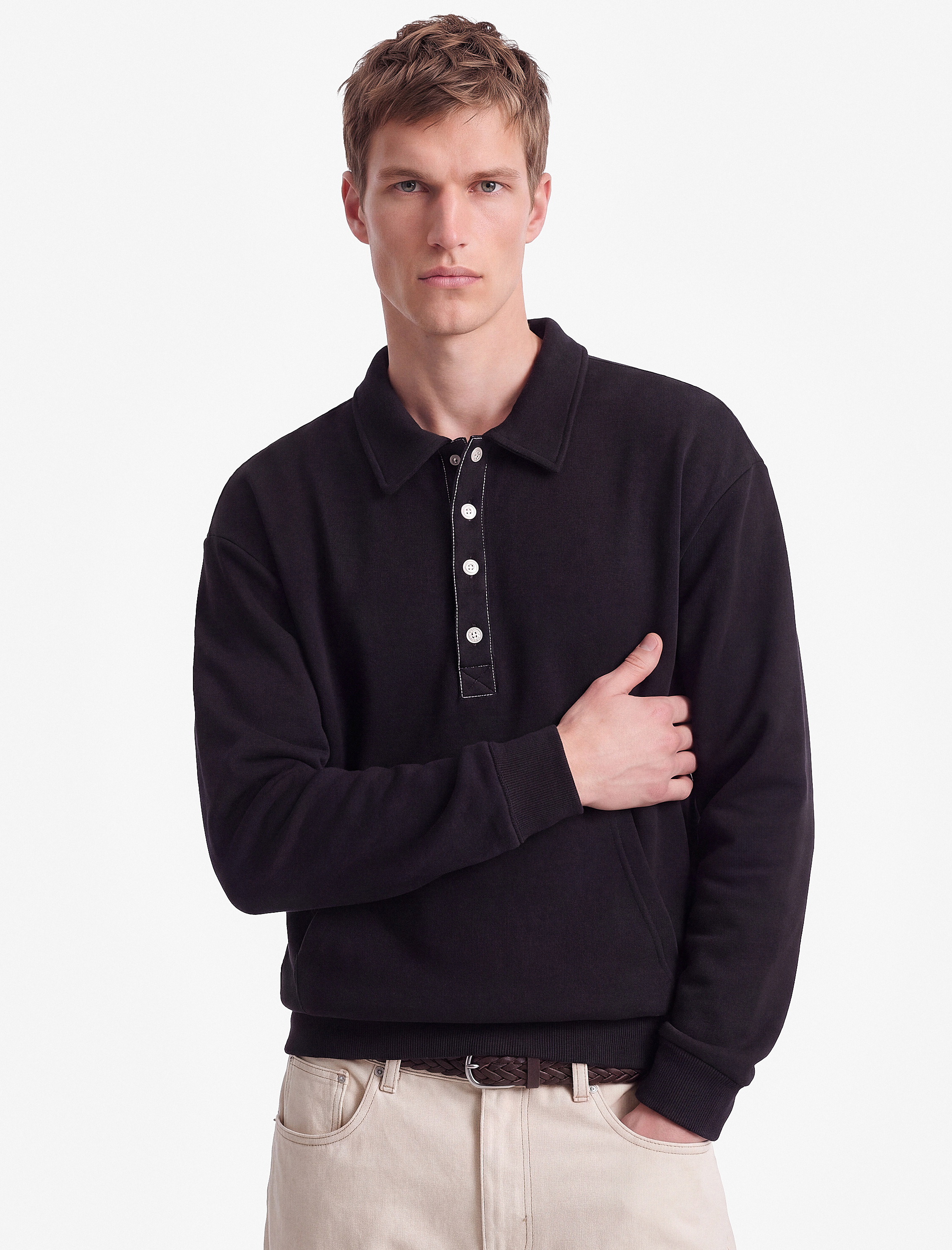   Kanguru Cepli Üç İplik Şardonlu Rahat Kalıp Çıtçıt Düğmeli Dik Yaka Sweatshirt