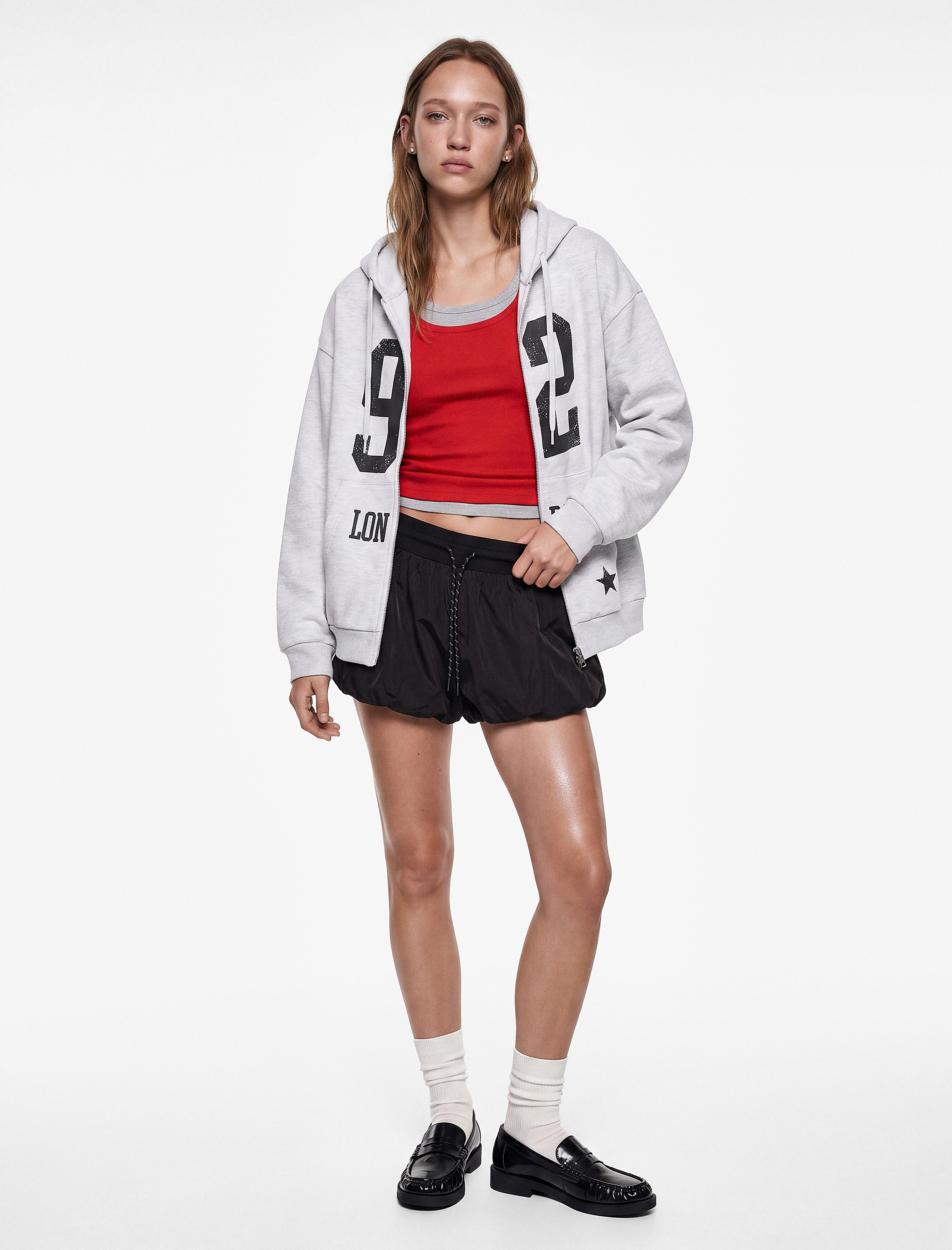 Koton Şardonlu Uzun Kollu Kapüşonlu Fermuarlı Kanguru Cepli Baskılı Oversize Sweatshirt