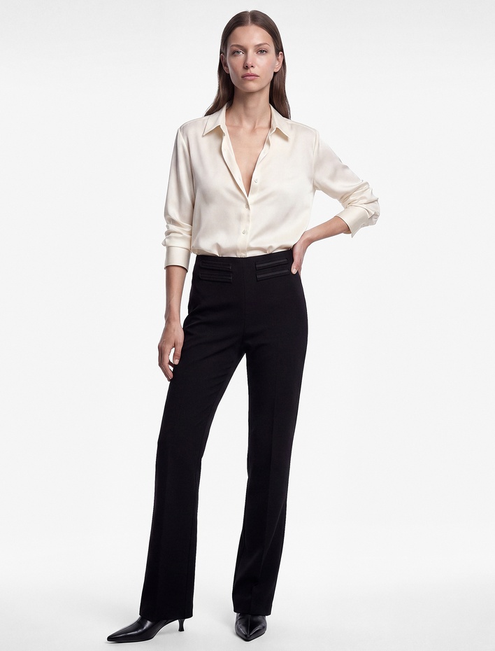  Yüksek Bel Slim Fit Cepli Düz Paça Kumaş Pantolon