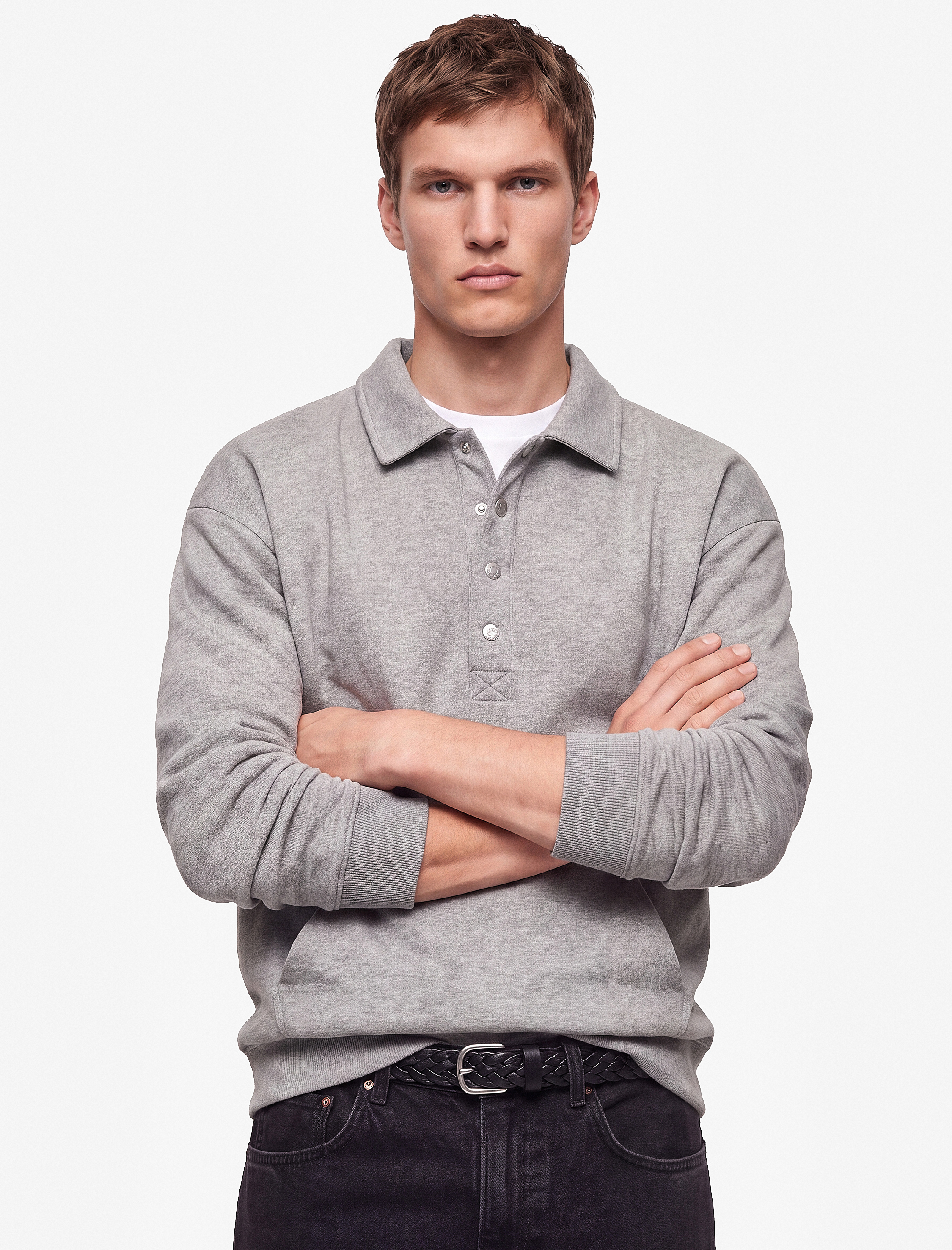   Kanguru Cepli Üç İplik Şardonlu Rahat Kalıp Çıtçıt Düğmeli Dik Yaka Sweatshirt