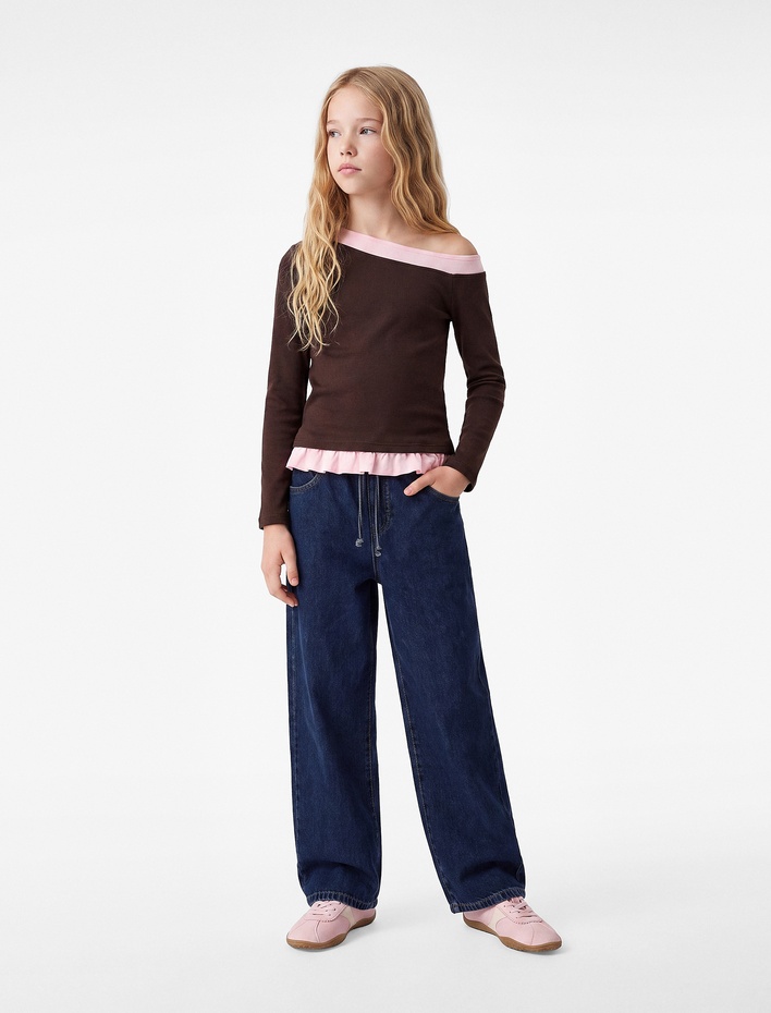 Kız Çocuk Ribanalı Asimetrik Kesim Viskon Karışımlı Kayık Yaka Uzun Kollu Slim Fit Tişört