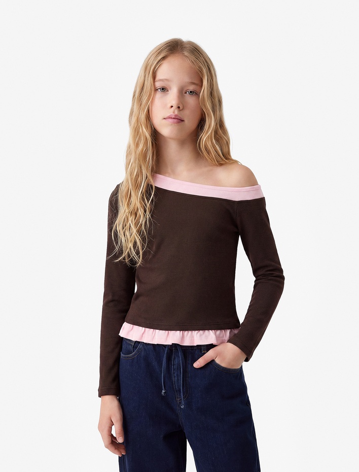 Kız Çocuk Ribanalı Asimetrik Kesim Viskon Karışımlı Kayık Yaka Uzun Kollu Slim Fit Tişört