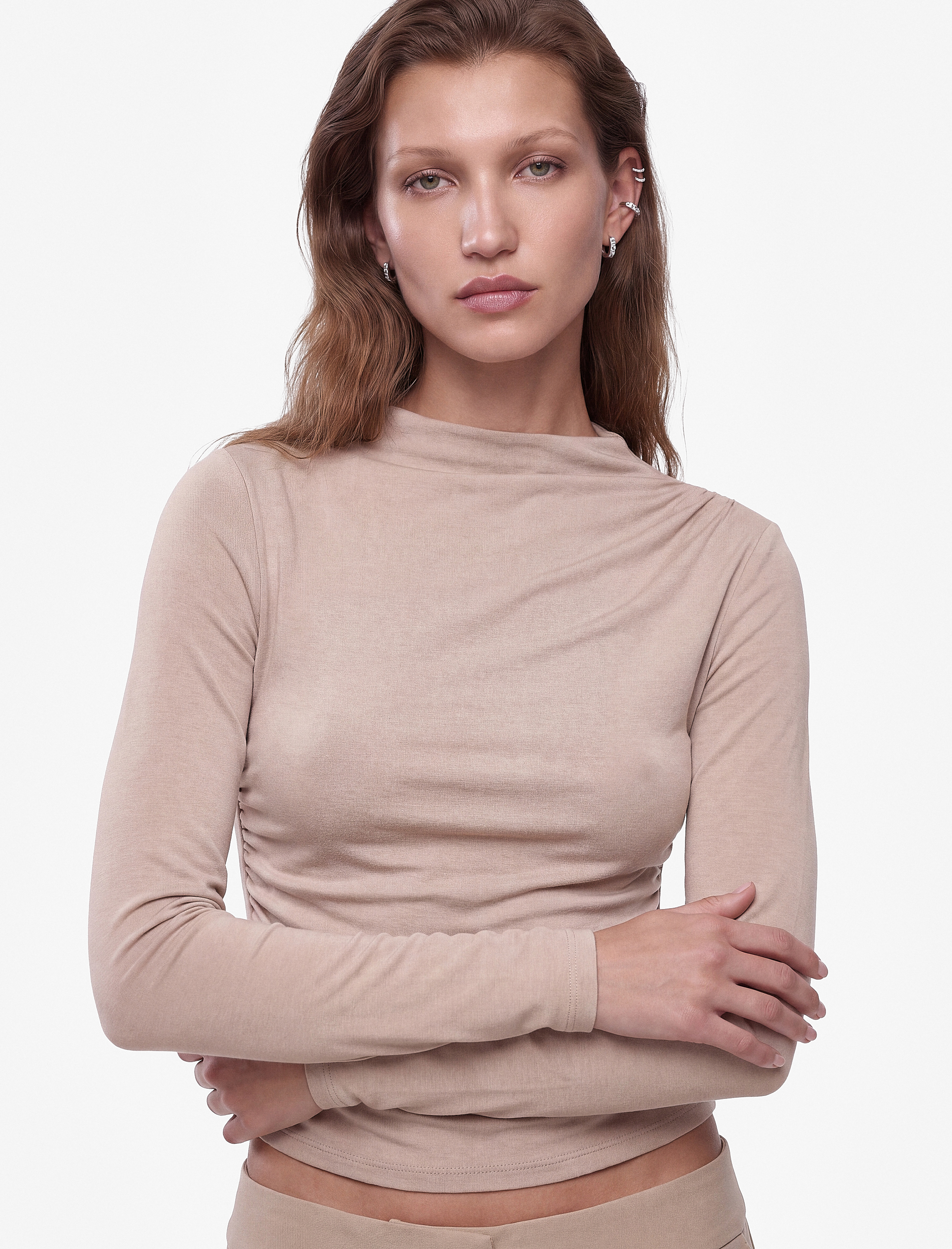   Drapeli Slim Fit Dik Yaka Uzun Kollu Bluz