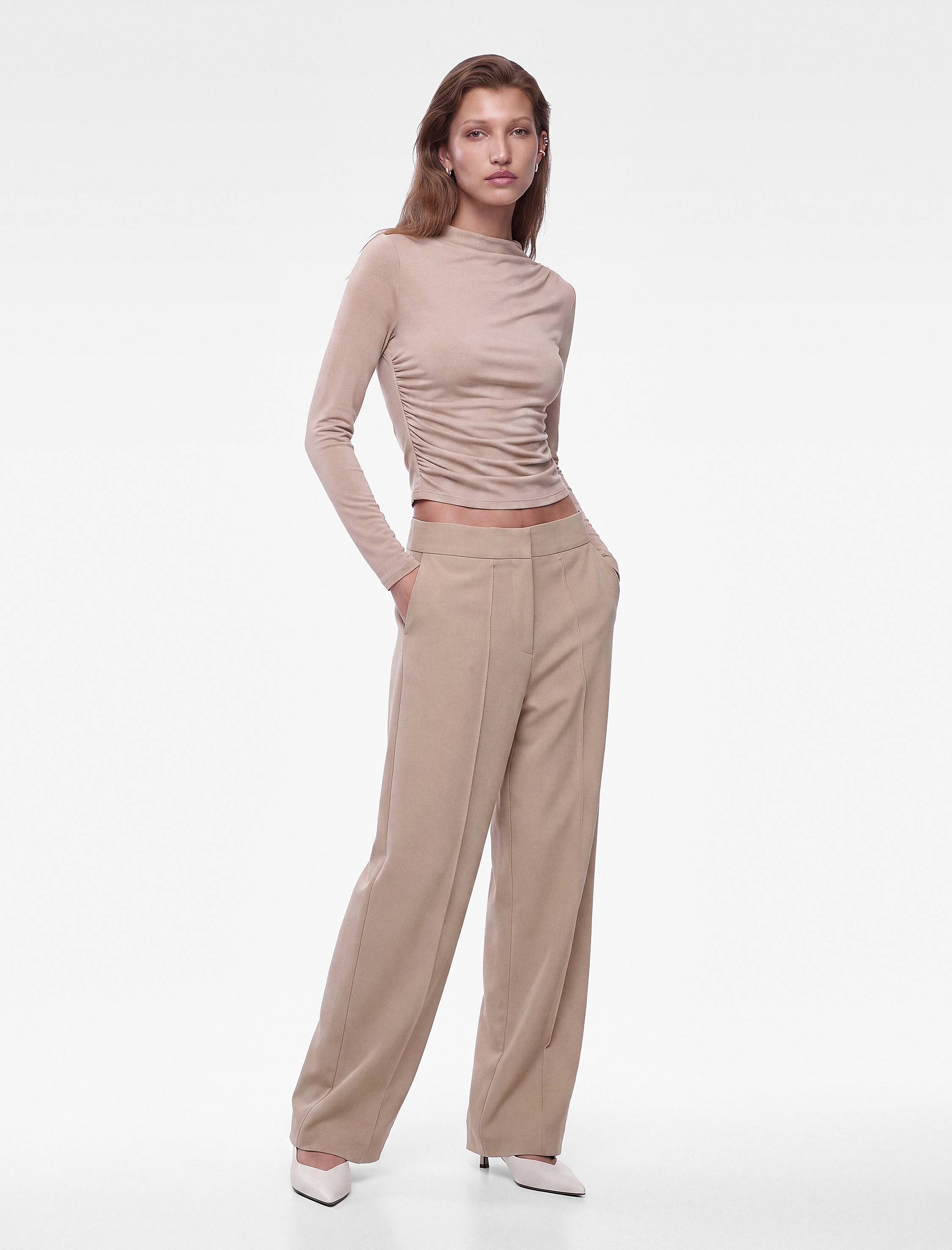   Drapeli Slim Fit Dik Yaka Uzun Kollu Bluz