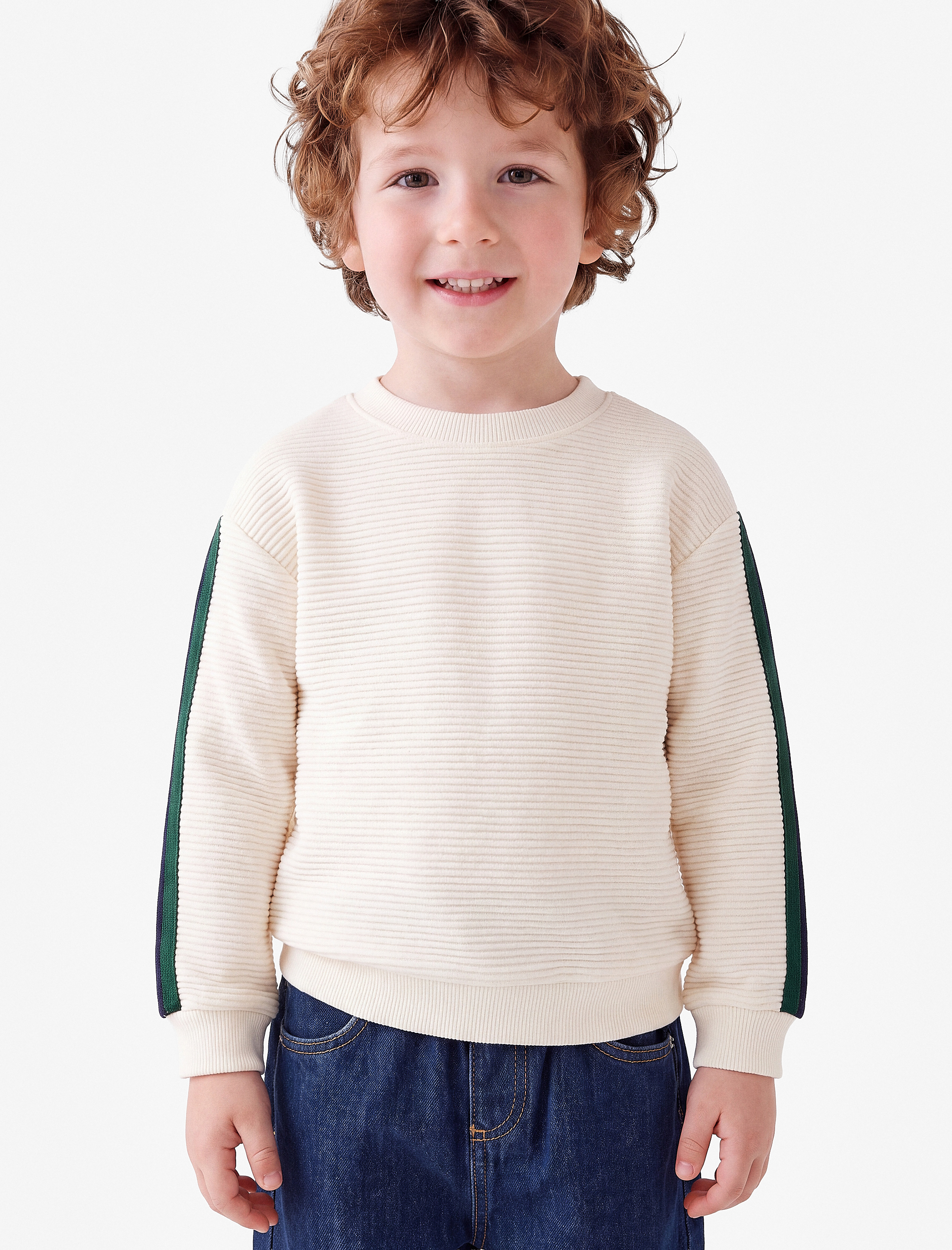  Erkek Bebek Pamuklu Şerit Detaylı Bisiklet Yaka Uzun Kollu Oversize Sweatshirt