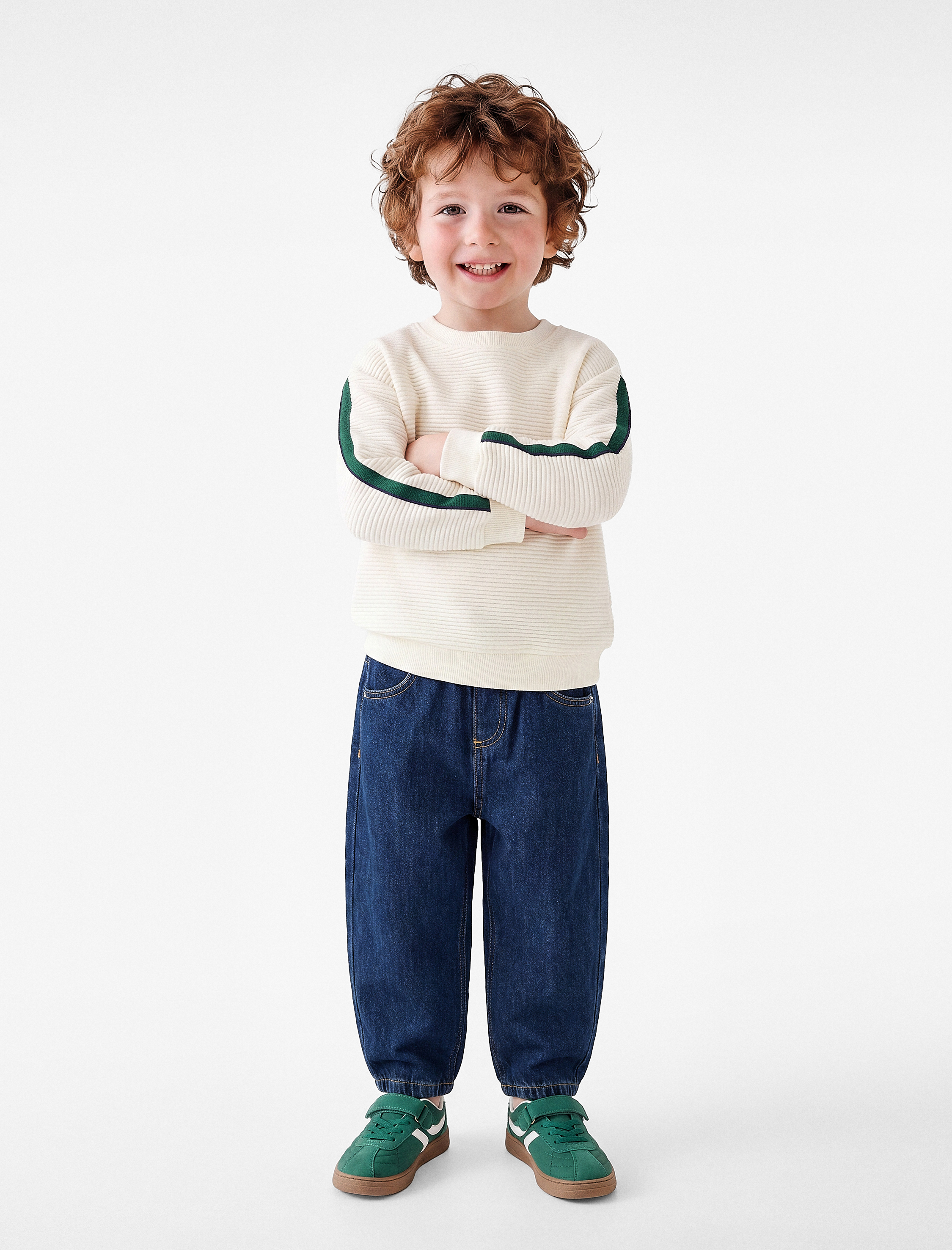  Erkek Bebek Pamuklu Şerit Detaylı Bisiklet Yaka Uzun Kollu Oversize Sweatshirt
