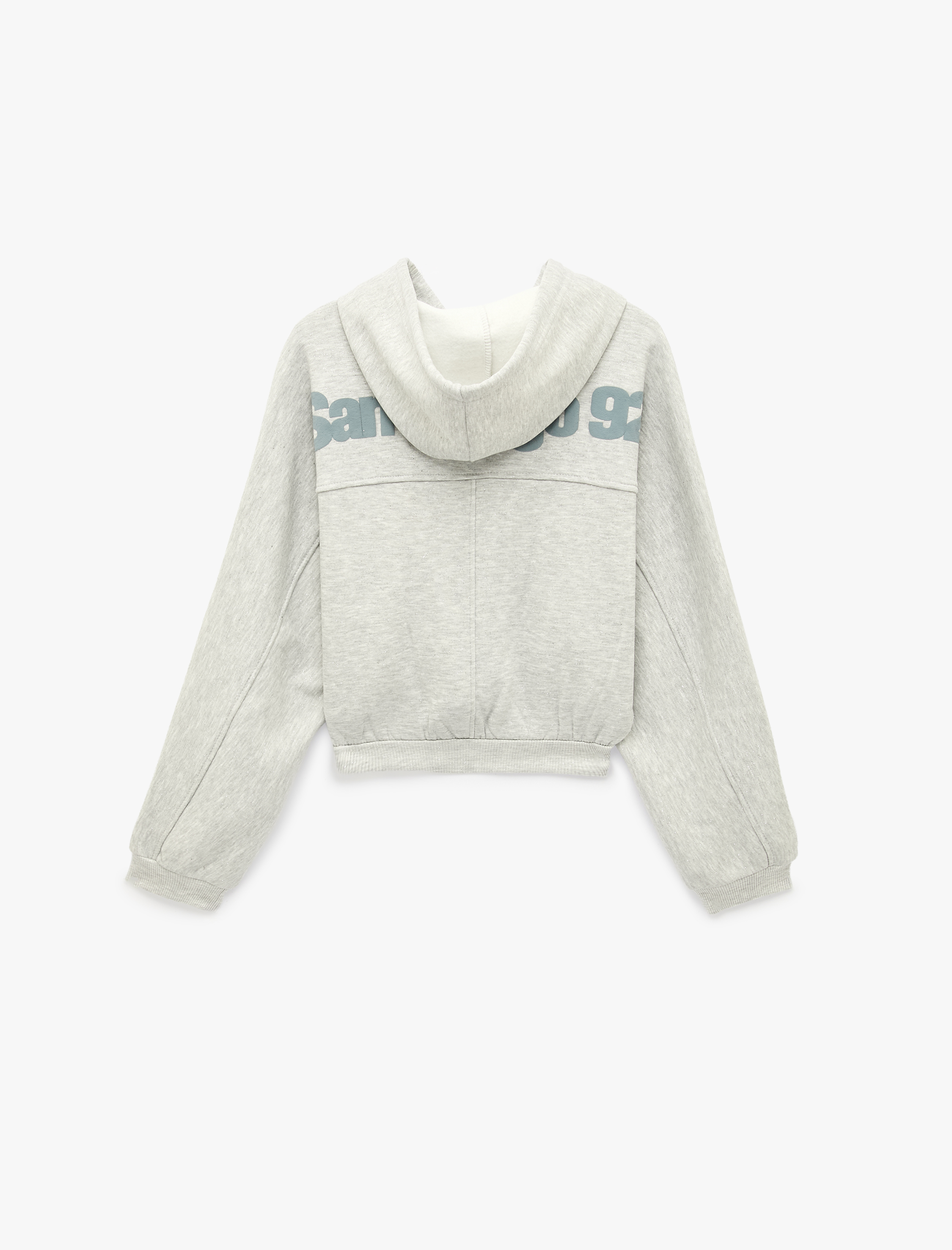   Simli Uzun Kollu Kapüşonlu Şardonlu Arkası Baskılı Crop Sweatshirt
