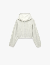 Simli Uzun Kollu Kapüşonlu Şardonlu Arkası Baskılı Crop Sweatshirt