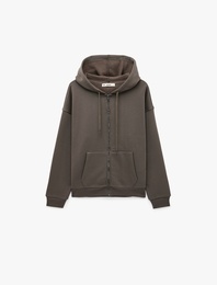 Uzun Kollu Şardonlu Cepli Rahat Kalıp Fermuarlı Kapüşonlu Sweatshirt