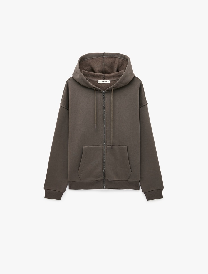  Uzun Kollu Şardonlu Cepli Rahat Kalıp Fermuarlı Kapüşonlu Sweatshirt