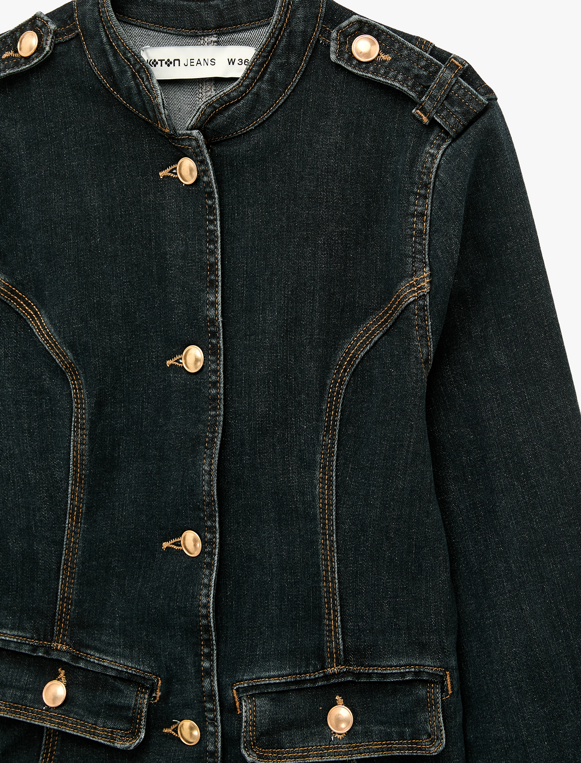   Cep Detaylı Omuz Apoletli Pamuklu Düğmeli Dik Yaka Denim Ceket