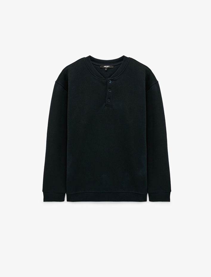  Uzun Kollu Üç İplik Şardonlu Düğmeli Henley Yaka Sweatshirt