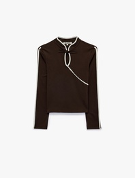 Slim Fit Biyeli Kurbağa Kapama Düğmeli Mandarin Yaka Uzun Kollu Tişört
