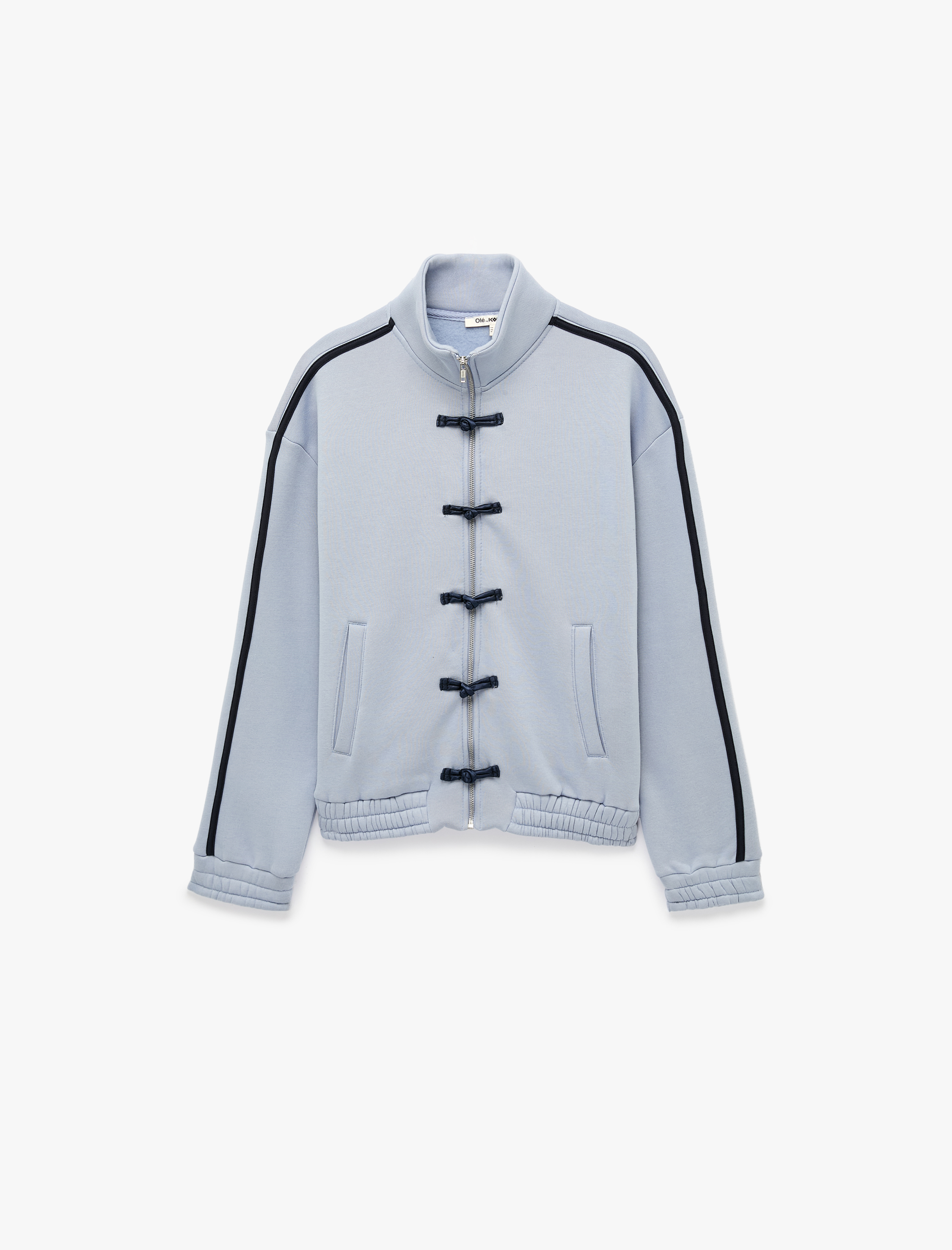   Şardonlu Rahat Kalıp Dik Yaka Fermuarlı Kurbağa Kapama Düğmeli Uzun Kollu Sweatshirt
