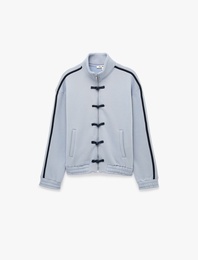 Şardonlu Rahat Kalıp Dik Yaka Fermuarlı Kurbağa Kapama Düğmeli Uzun Kollu Sweatshirt