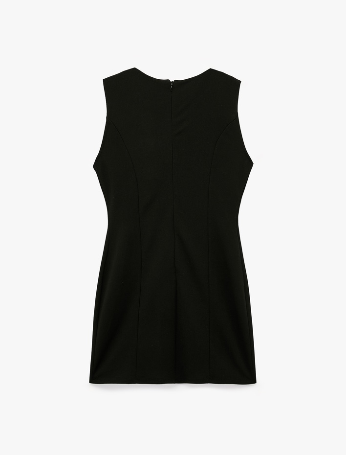  Slim Fit Düğmeli Kurbağa Kapama Bisiklet Yaka Kolsuz Krep Mini Elbise