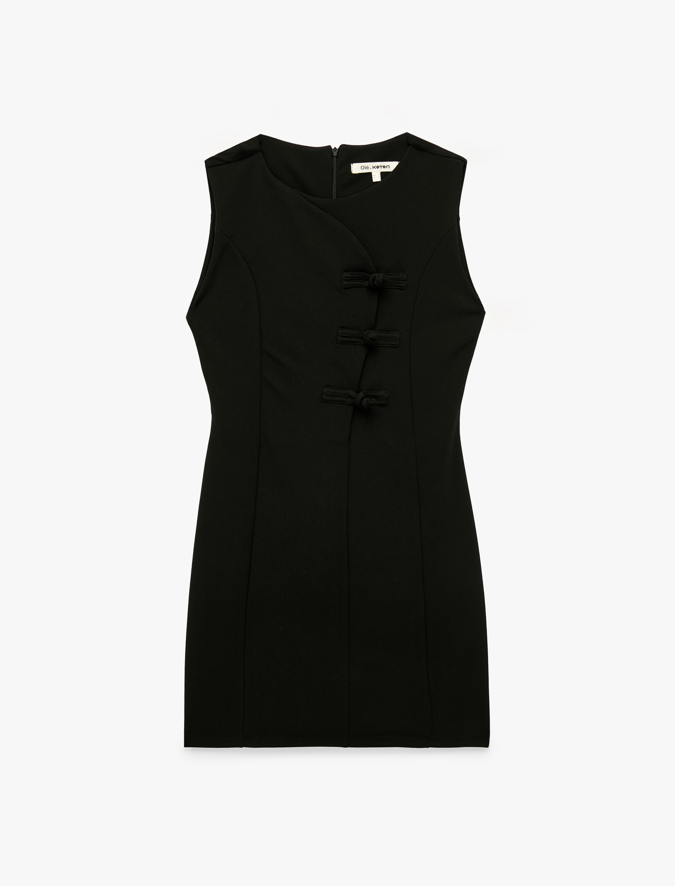   Slim Fit Düğmeli Kurbağa Kapama Bisiklet Yaka Kolsuz Krep Mini Elbise