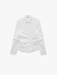 Slim Fit Pamuklu Uzun Kollu Drapeli Asimetrik Düğme Detaylı Gömlek
