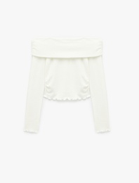 Büzgü Detaylı Slim Fit Kaşkorse Omzu Açık Uzun Kollu Tişört