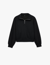 Modal Kumaş Regular Fit Uzun Kollu Dik Yaka Yarım Fermuarlı Sweatshirt