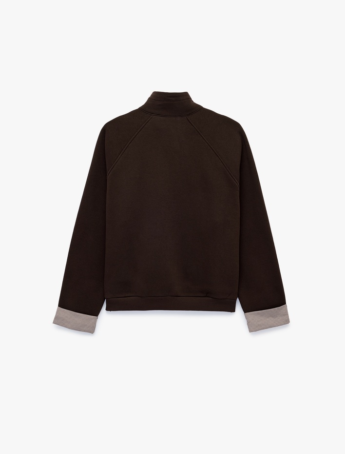  Şardonlu Ekose Detaylı Dik Yaka Fermuarlı Reglan Kollu Sweatshirt