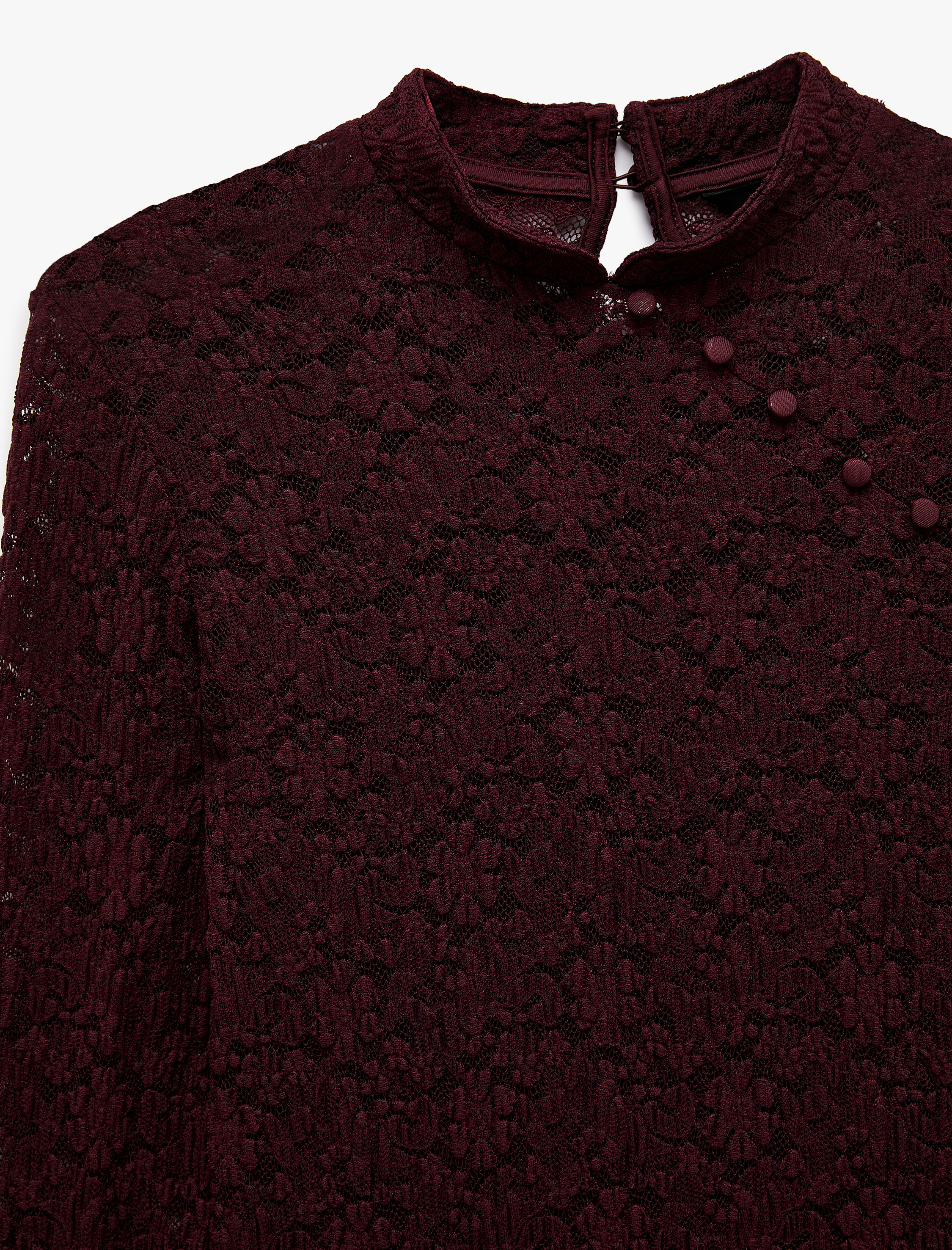   Slim Fit Uzun Kollu Düğmeli Dik Qipao Yaka Transparan Dantel Tişört