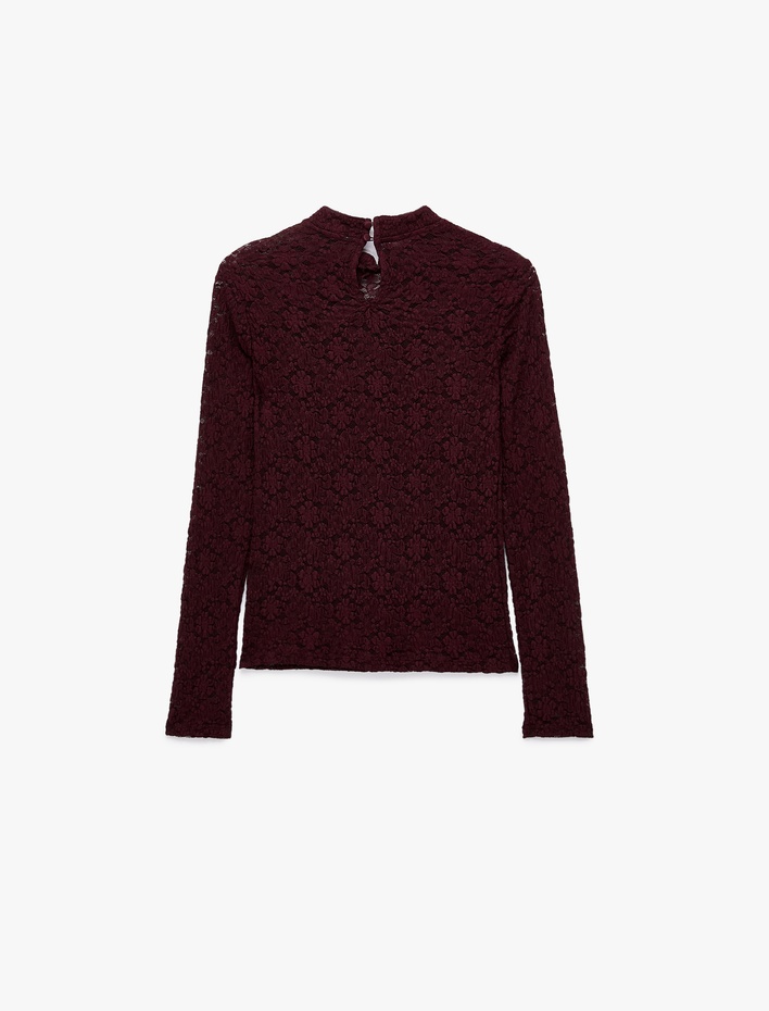  Slim Fit Uzun Kollu Düğmeli Dik Qipao Yaka Transparan Dantel Tişört