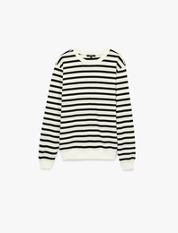 Uzun Kollu Üç İplik Şardonlu Bisiklet Yaka Çizgili Sweatshirt