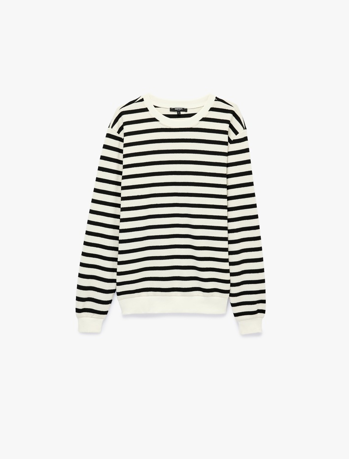  Uzun Kollu Üç İplik Şardonlu Bisiklet Yaka Çizgili Sweatshirt