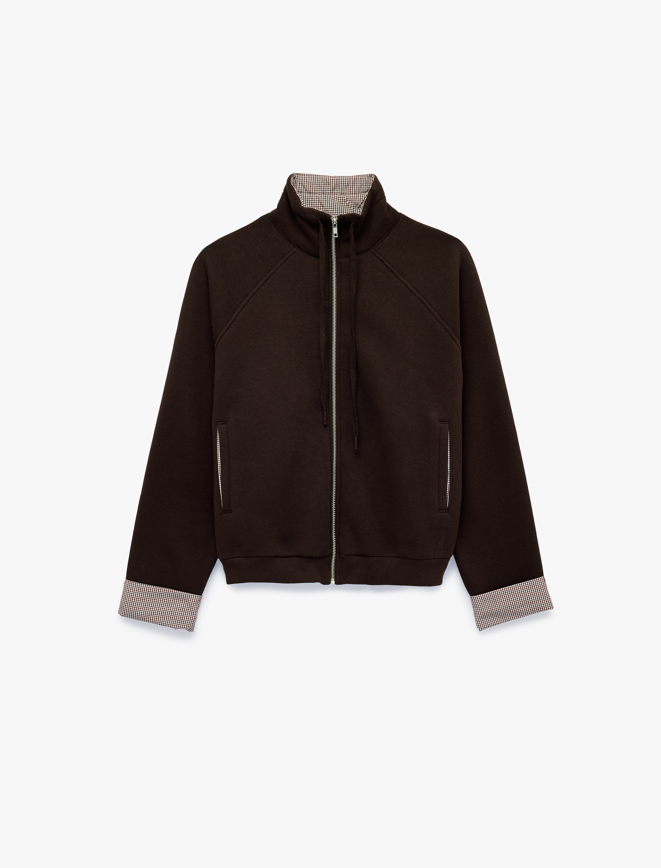   Şardonlu Ekose Detaylı Dik Yaka Fermuarlı Reglan Kollu Sweatshirt